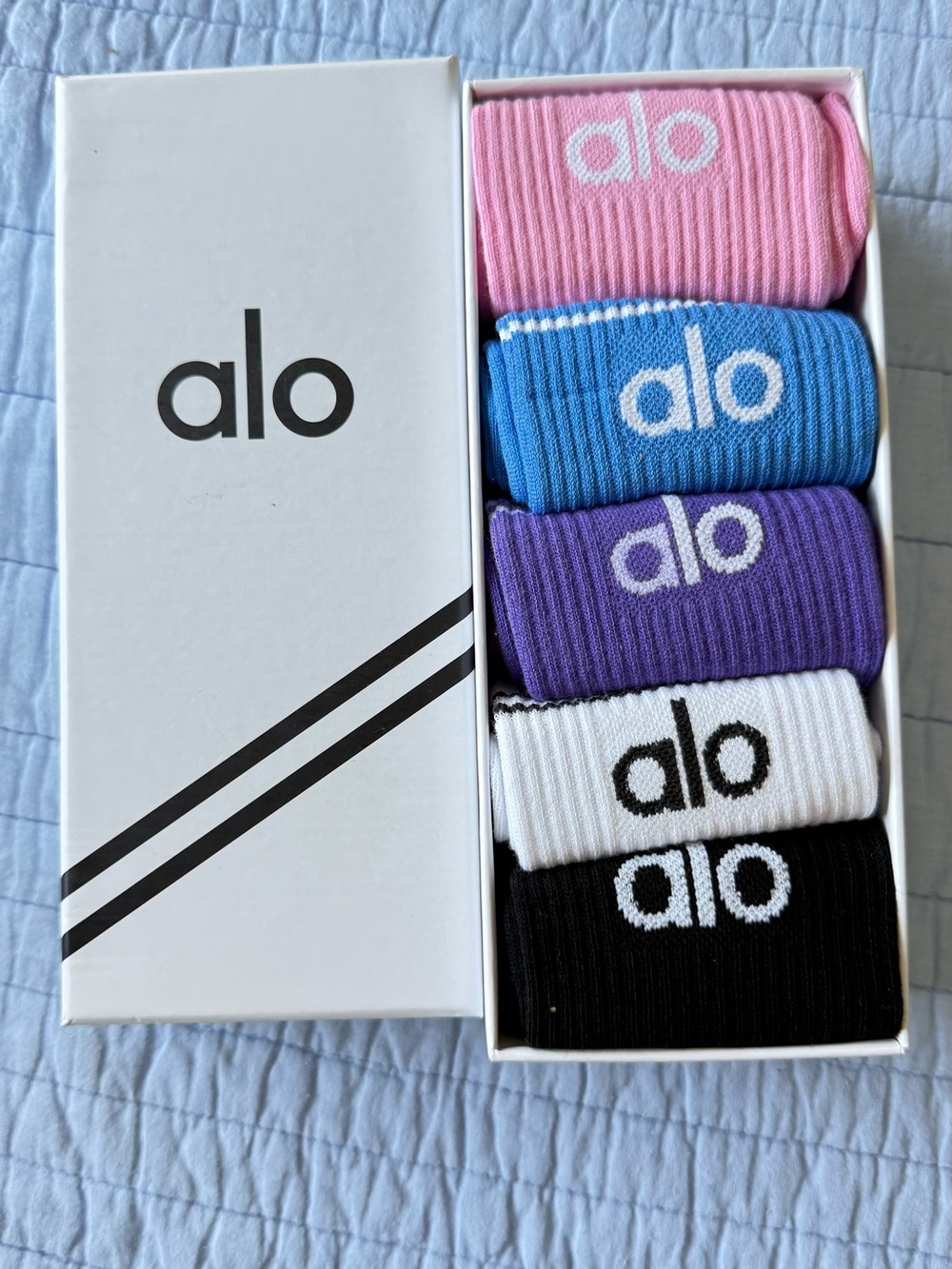 ALO Yoga Men’s Crew Socks Pack — Pink, Blue, Purple, White, Black